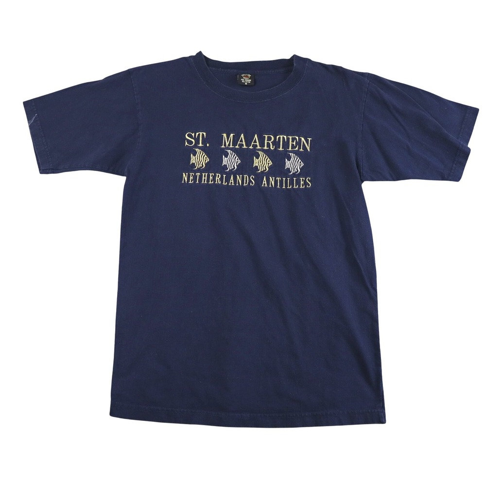 St Maarten Netherlands Antilles Embroidered Fish T Shirt Navy Blue Cotton Size M